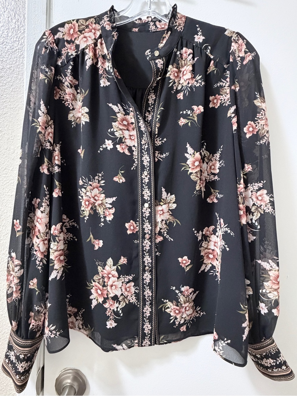 Black Floral Zip-Front Blouse with Pink Blossoms